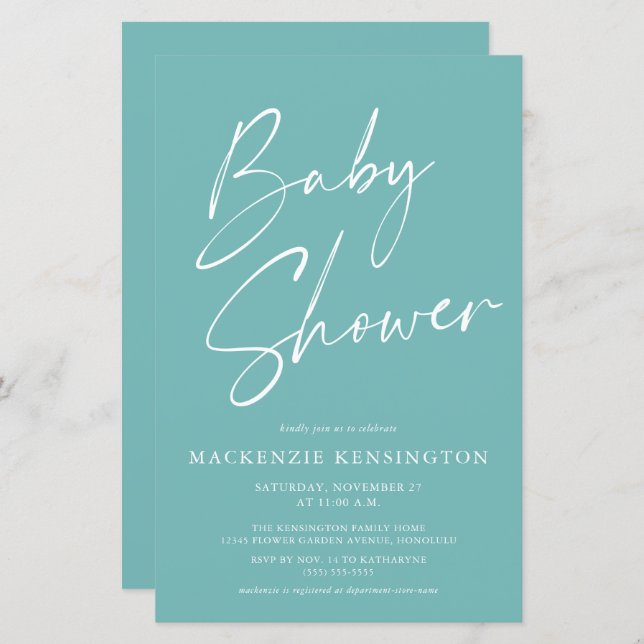 Papier Baby shower de script Turquoise bleu simple Budget (Devant / Derrière)