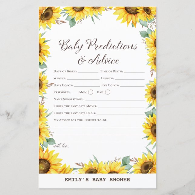 Papier Baby shower de tournesol de printemps Jeu IMPRIMÉ (Devant)