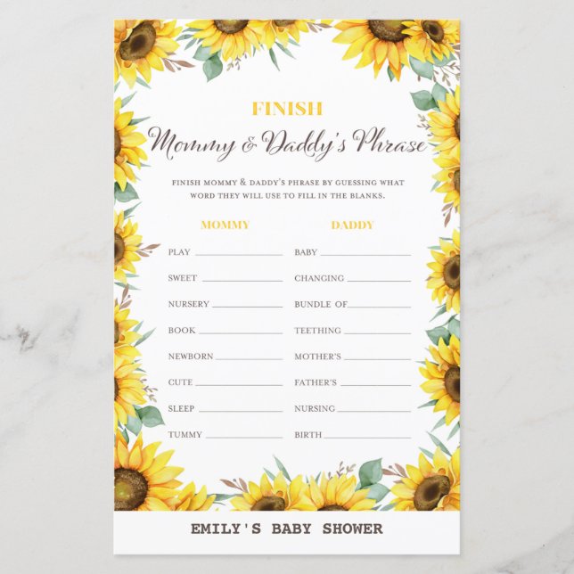 Papier Baby shower de tournesol de printemps Jeu IMPRIMÉ (Devant)