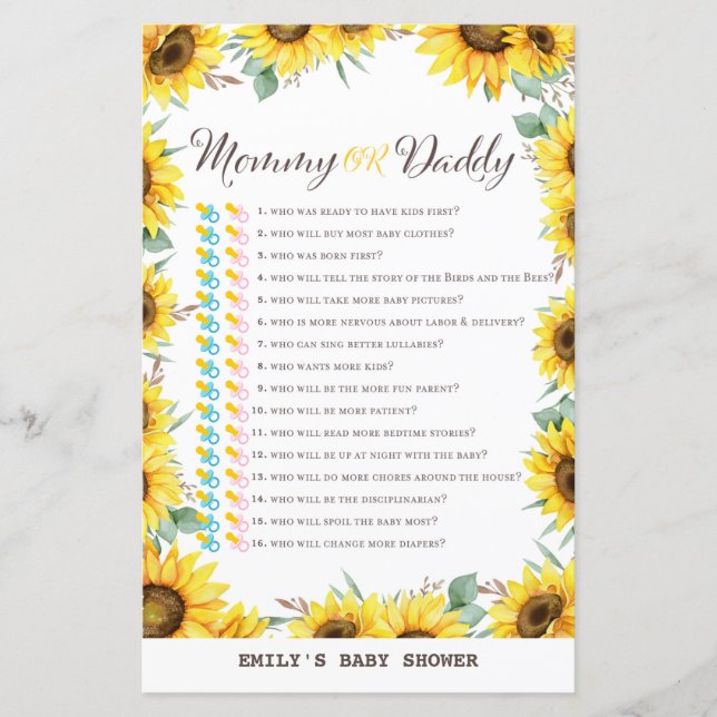 Papier Baby shower de tournesol de printemps Jeu IMPRIMÉ (Devant)