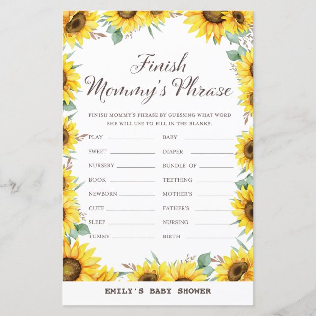 Papier Baby shower de tournesol de printemps Jeu IMPRIMÉ (Devant)
