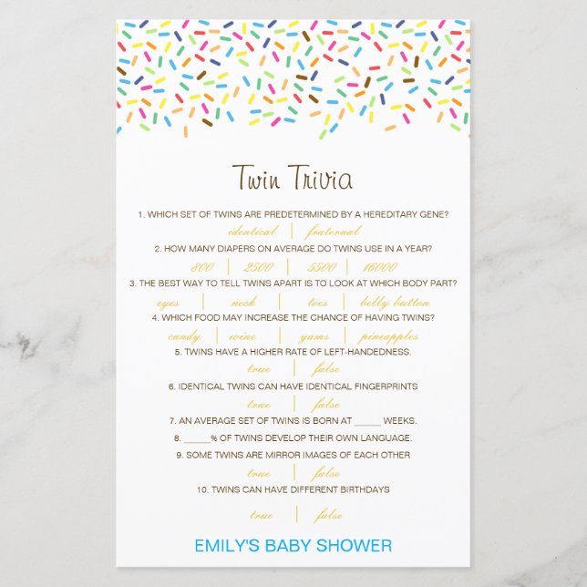 Papier Baby shower de Trivia Twin pour bébé modifiable av (Devant)