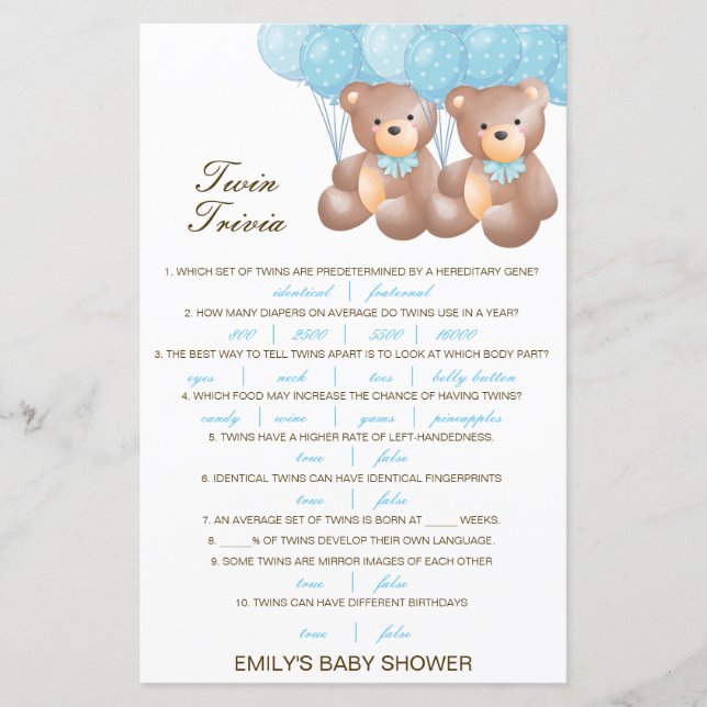 Papier Baby shower de Trivia Twin pour bébé modifiable av (Devant)
