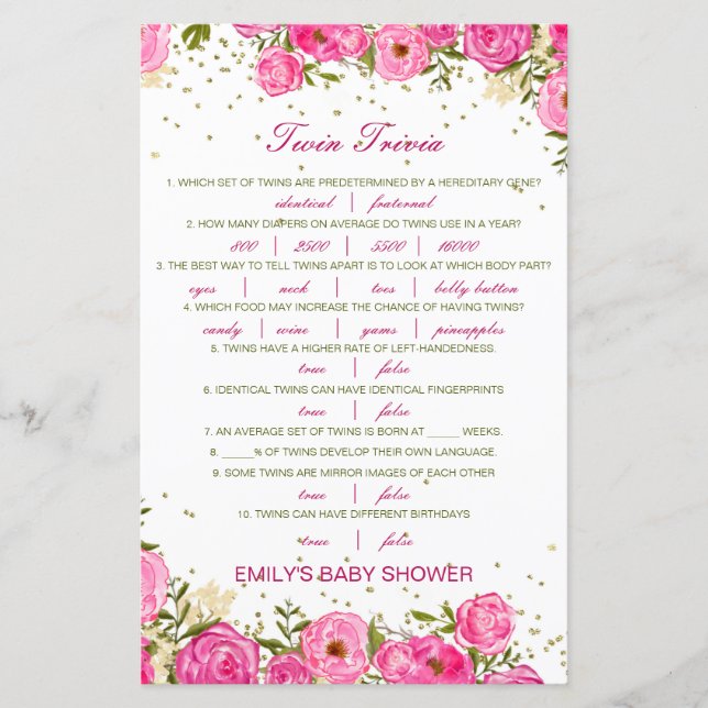 Papier Baby shower de Trivia Twin pour bébé modifiable av (Devant)
