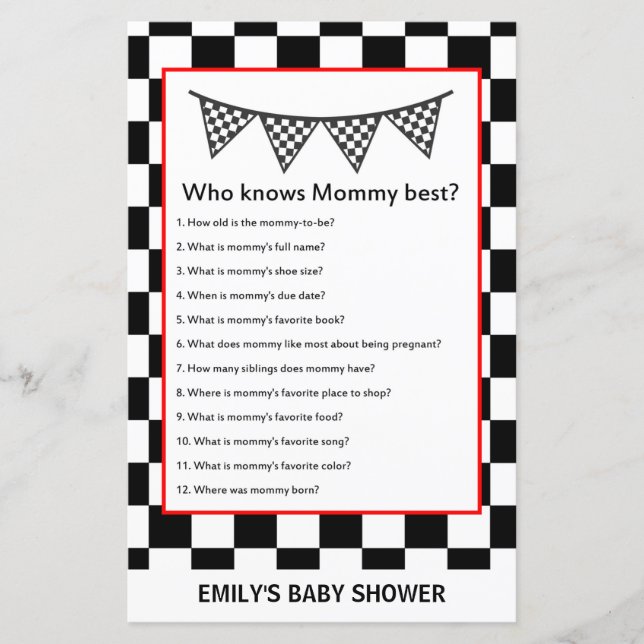 Papier Baby shower de voiture de course Jeu IMPRIMÉ (Devant)