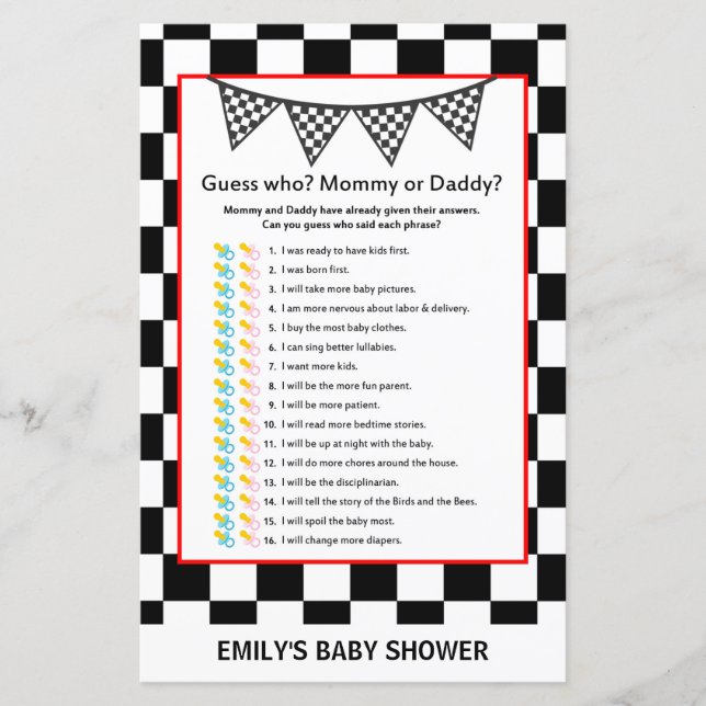 Papier Baby shower de voiture de course Jeu IMPRIMÉ (Devant)