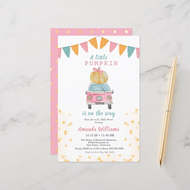 Papier Baby shower de voiture Pink Gold Citrouille budget (Devant/Arrière en situation)