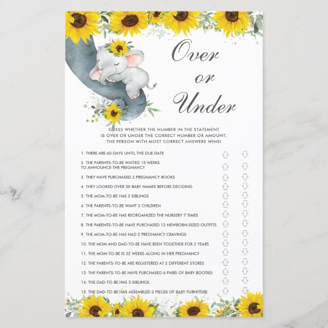 Papier Baby shower d'éléphant de tournesol sur ou sous le (Devant)