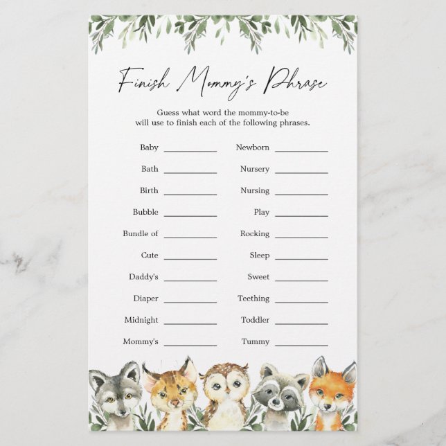 Papier Baby shower des animaux de bois terminer la phrase (Devant)