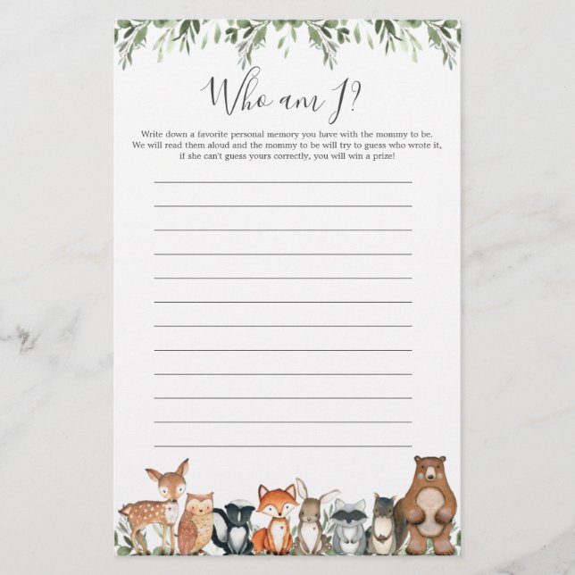 Papier Baby shower Des Animaux Des Bois Qui Suis-Je Jeu (Devant)