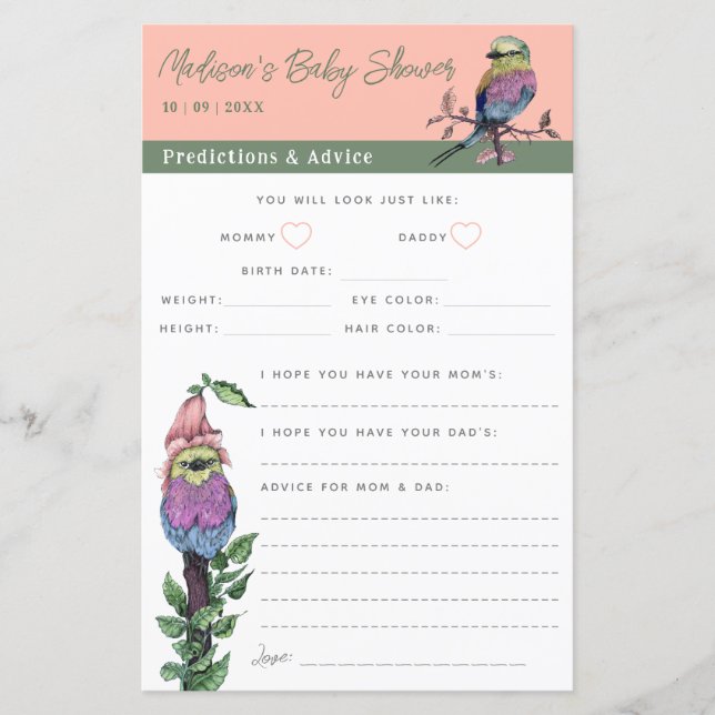 Papier Baby shower des oiseaux tropicaux Conseils et préd (Devant)