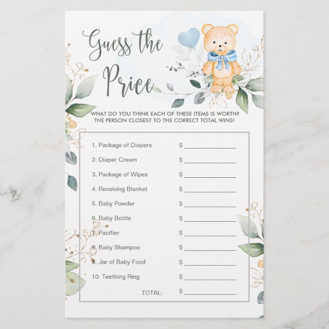 Papier Baby shower Devinez le prix jeu Teddy Bear Station (Devant)