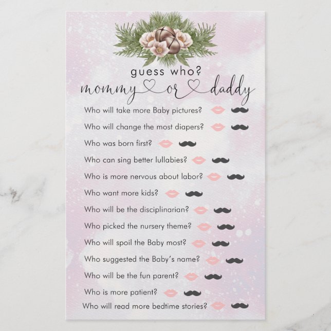 Papier Baby shower d'hiver de Noël rose "Devinez qui" Jeu (Devant)