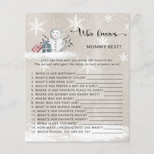 Papier Baby shower d'hiver Qui connaît maman meilleur jeu (Devant)