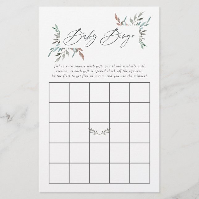 Papier Baby shower d'hiver rustique verdure Bingo (Devant)