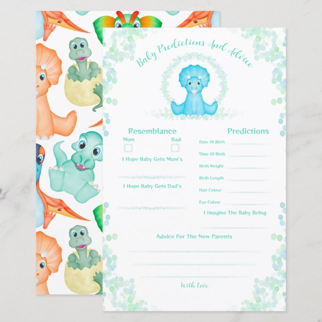 Papier Baby shower Dinosaure Bleu Prédictions Et Conseils (Devant / Derrière)