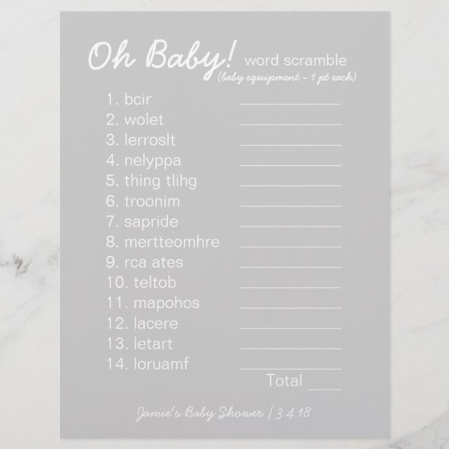 Papier Baby Shower DIY - Jeu de mots mêlés - gris (Devant)