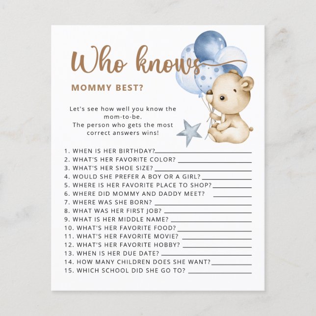 Papier Baby shower d'ours devinez combien de nounours (Devant)