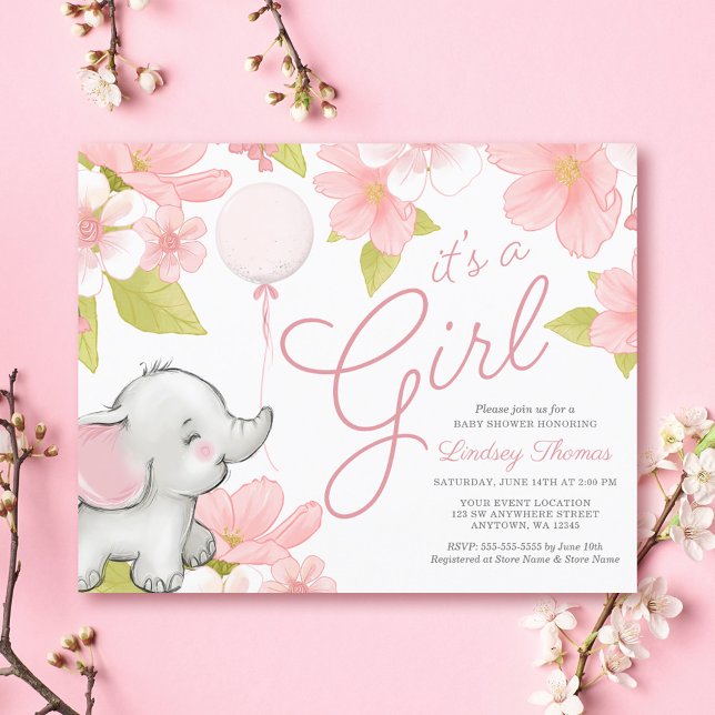 Papier Baby Shower éléphant floral rose Budget Cute (Créateur téléchargé)