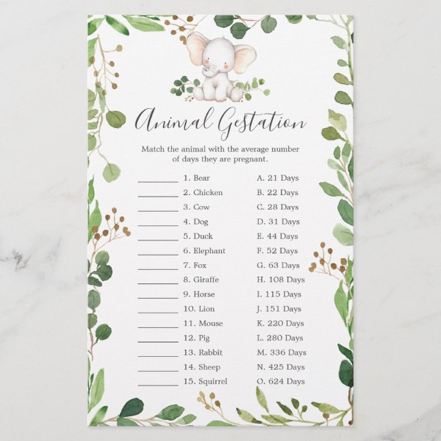 Papier Baby shower éléphant jeu de manifestation animale (Devant)