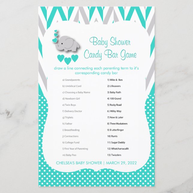 Papier Baby shower Eléphant Turquoise & Grey - Bonbons (Devant)