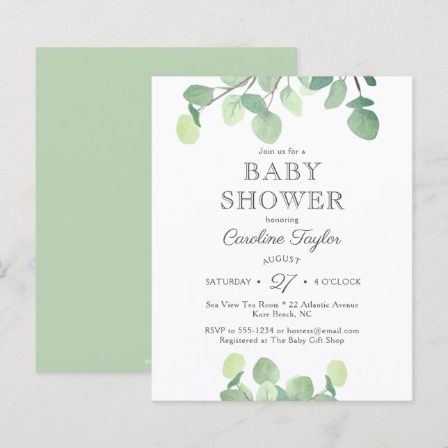 Papier Baby shower Eucalyptus vert Invitation (Devant / Derrière)