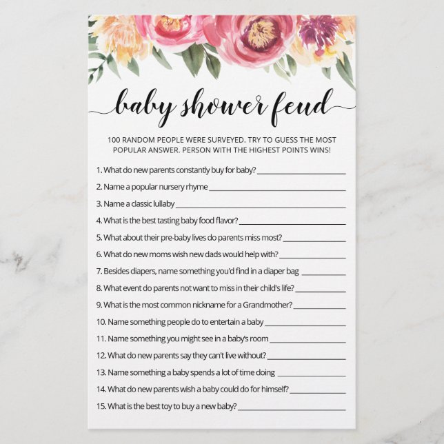 Papier Baby shower Feud jeu avec réponses (Devant)