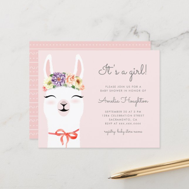 Papier Baby shower Fleur Budget Couronne & Llama Girl (Devant/Arrière en situation)
