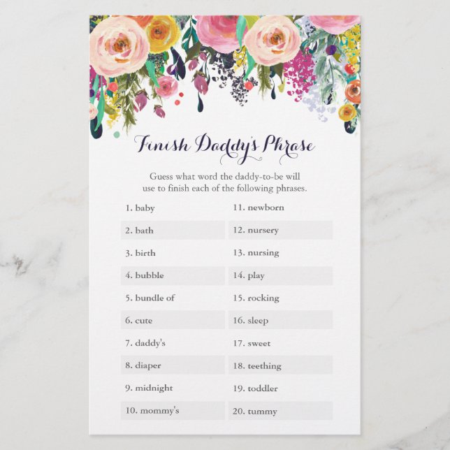 Papier Baby shower Fleur Finish Daddy's Phrase Game (Devant)