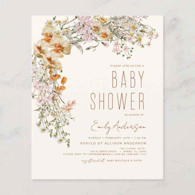 Papier Baby Shower Fleur Sauvage Bohème Terracotta Économ (Devant)