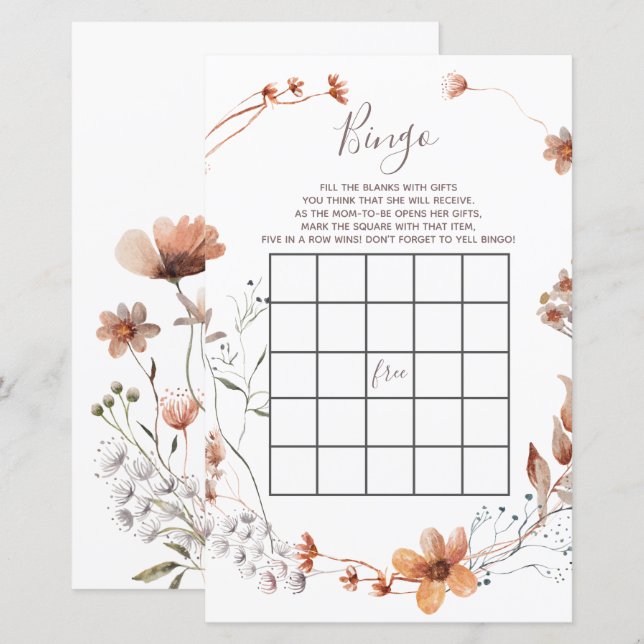 Papier Baby shower Fleur sauvage d'automne Jeu de Bingo (Devant / Derrière)