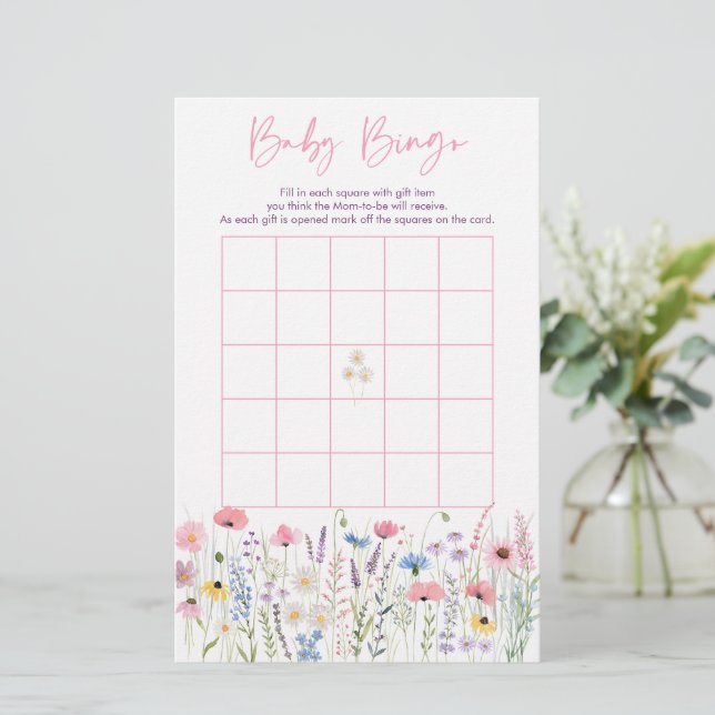 Papier Baby shower Fleur sauvage de Pré Rose Jeu de Bingo (Debout devant)