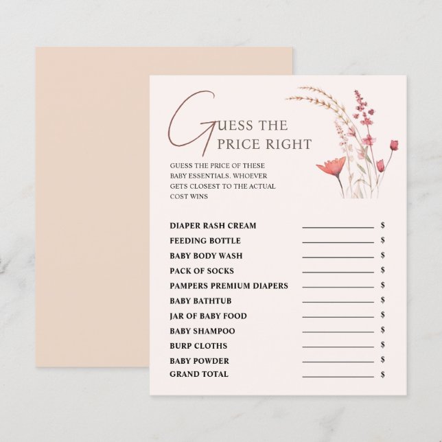 Papier Baby shower fleur sauvage Devine Le Prix Bon Jeu (Devant / Derrière)