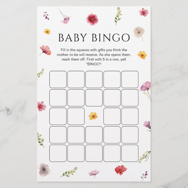 Papier Baby shower fleur sauvage Jeu de Bingo (Devant)