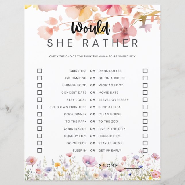 Papier baby shower fleur sauvage jeu "Voudrait-elle plair (Devant)