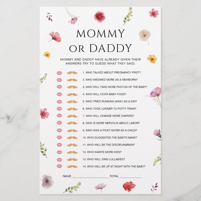 Papier Baby shower fleur sauvage maman ou papa Jeu (Devant)