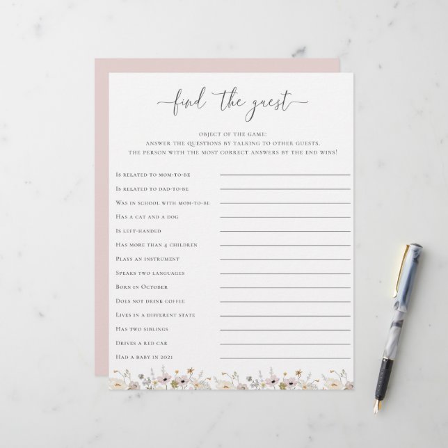 Papier Baby shower fleur sauvage Trouver Le Jeu D'Invités (Devant/Arrière en situation)