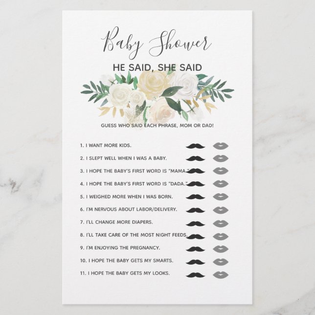 Papier Baby shower Fleurs Jeu - Il A Dit Qu'Elle A Dit (Devant)