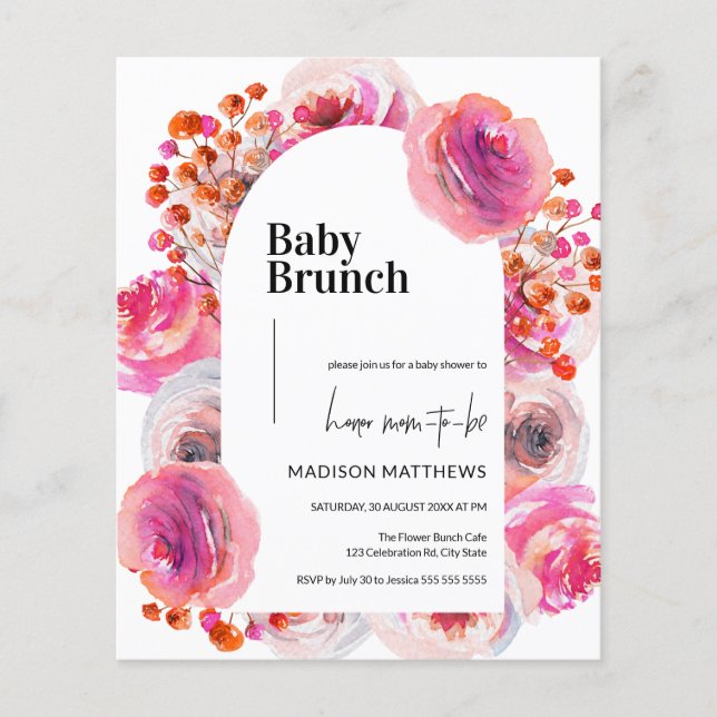 Papier Baby-Shower Fleurs Roses Aquarelle Budget (Devant)