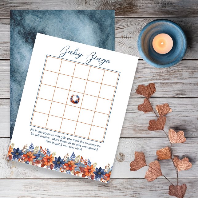 Papier Baby shower Floral Bingo Bingo en Terracotta Bleue (Boho Blue and Terracotta Fall |  Autumn Floral Boy Baby Shower "Baby Bingo" Game)