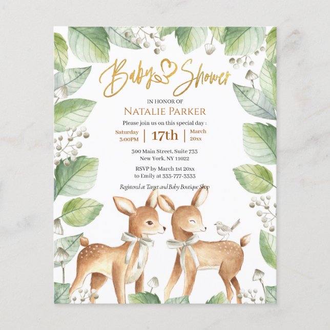 Papier Baby shower floral de cerfs de forêt à budget (Devant)