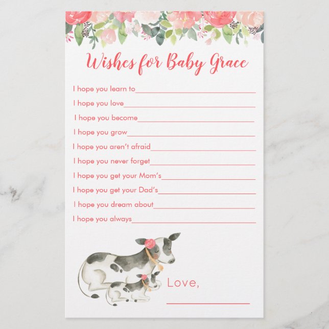 Papier Baby shower floral de la vache de fille des souhai (Devant)