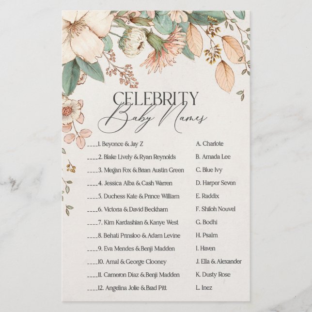 Papier baby shower floral rousse célébrité bébé jeu de no (Devant)
