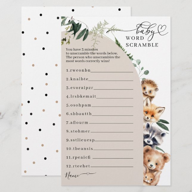 Papier Baby shower forestier Woodland jeu de course (Devant / Derrière)