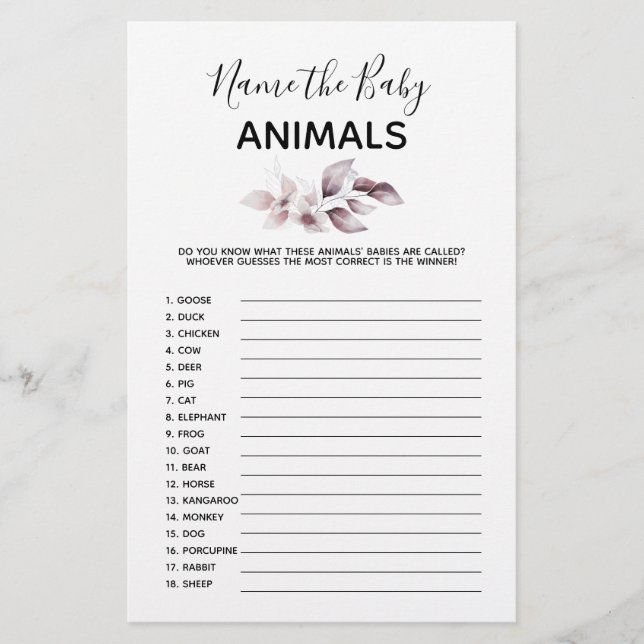 Papier Baby shower Game - Nommez les bébés animaux (Devant)