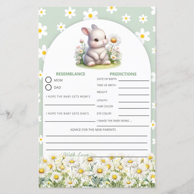 Papier Baby shower Jeu Bunny Genre Neutre Prédiction (Devant)