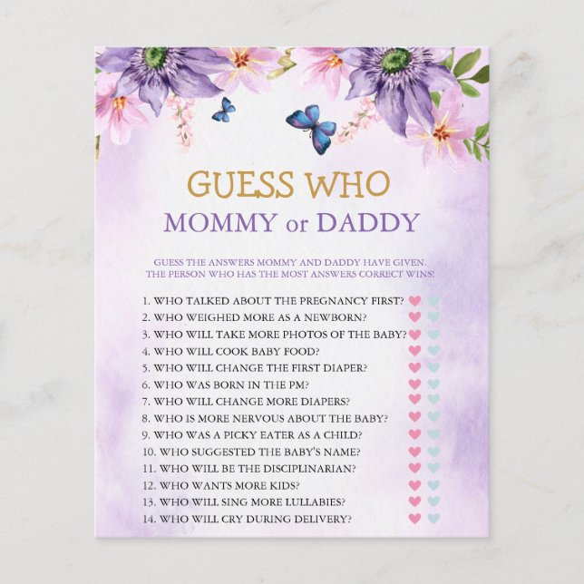 Papier Baby shower Jeu Purple Papillon (Devant)