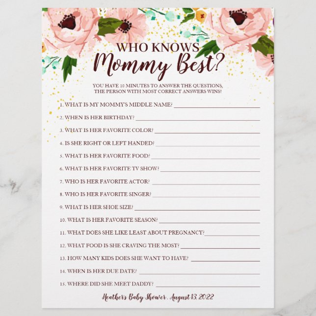 Papier Baby shower Jeu Qui Connaît Maman Confetti Floral (Devant)