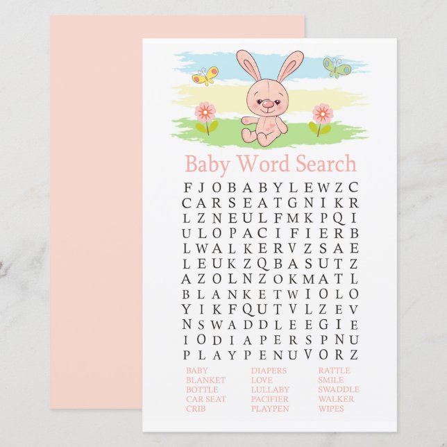 Papier Baby shower lapin bébé Mot de recherche Jeu (Devant / Derrière)