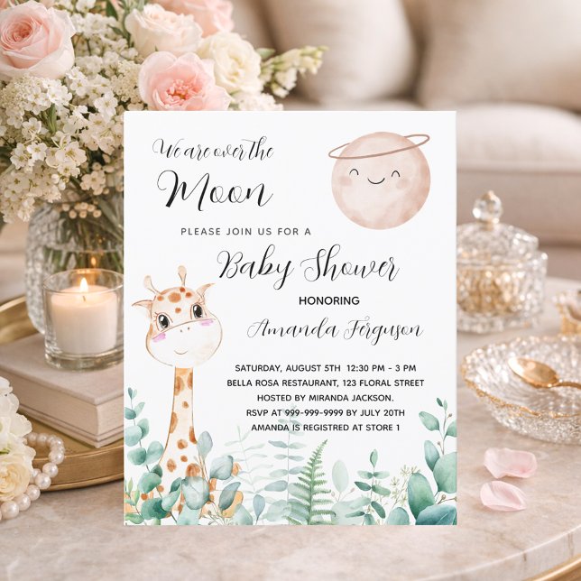 Papier Baby shower lune girafe mignonne invitation (Créateur téléchargé)